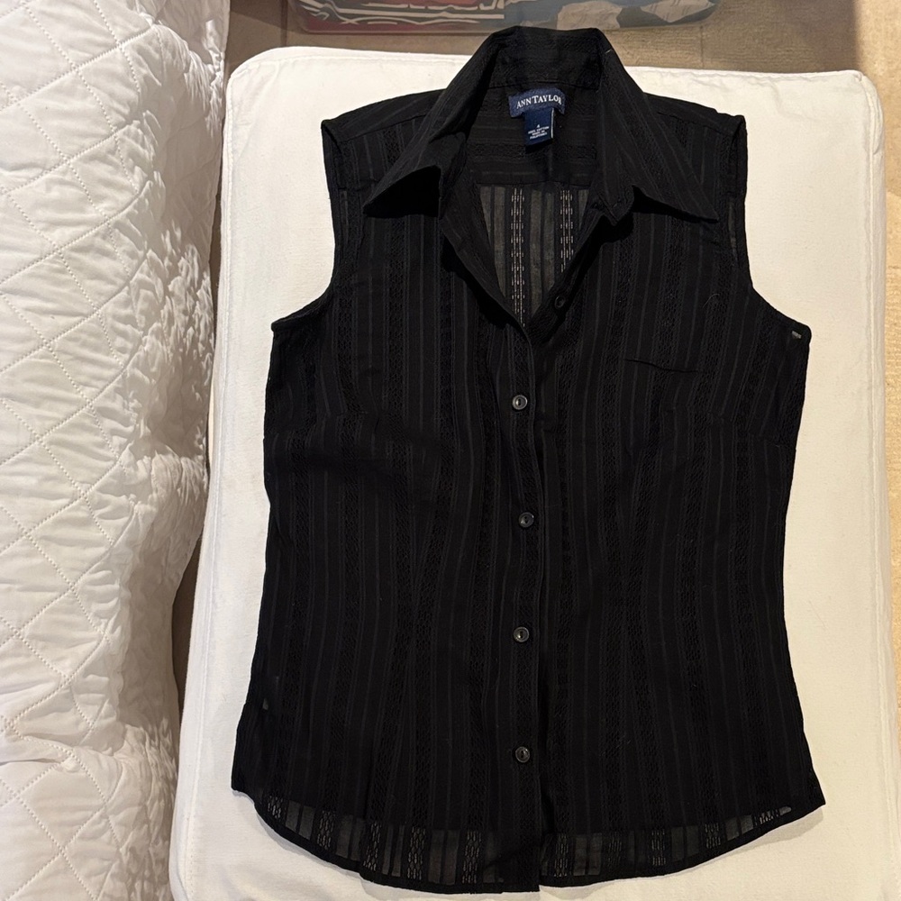 Ann Taylor Sheer Black Sleeveless Lacy Blouse with Collar and Button Front